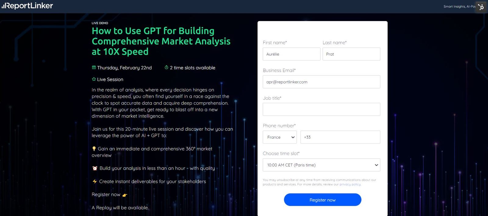 Page de capture d'un webinaire Live Session ReportLinker
