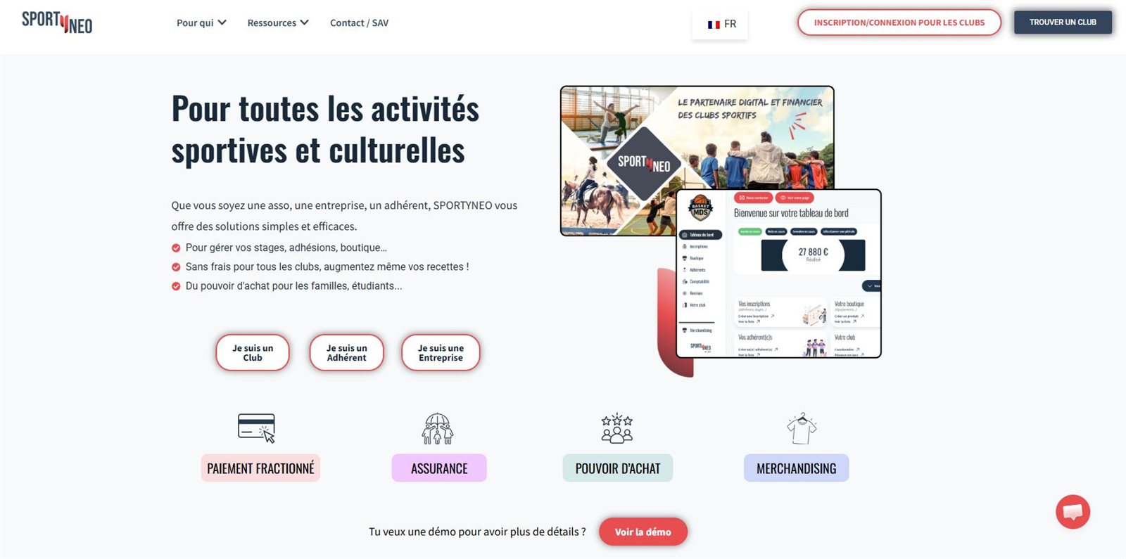 Page d'accueil du site web Sportyneo